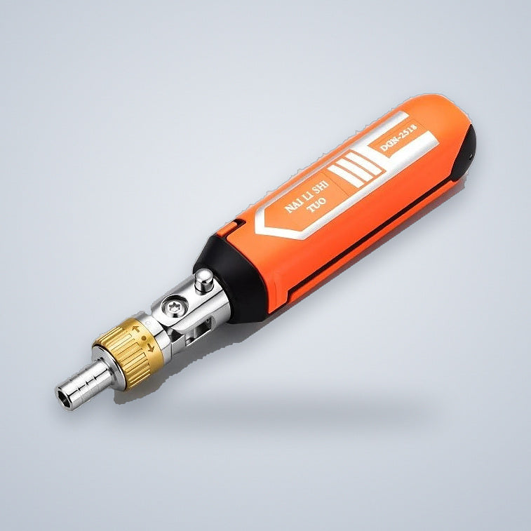 Pivot-head ratchet screwdriver with an orange handle, gold ratchet collar and chrome joint