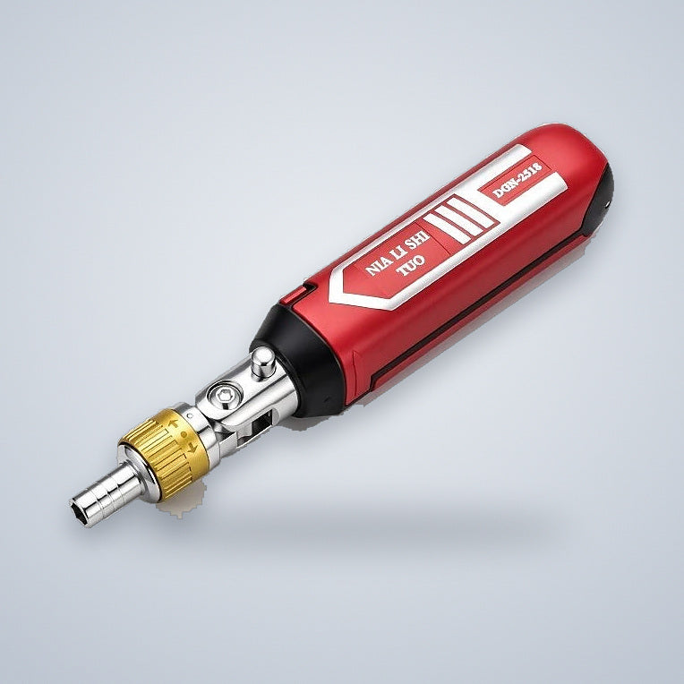 Pivot-head ratchet screwdriver with a red handle, gold ratchet collar and chrome joint