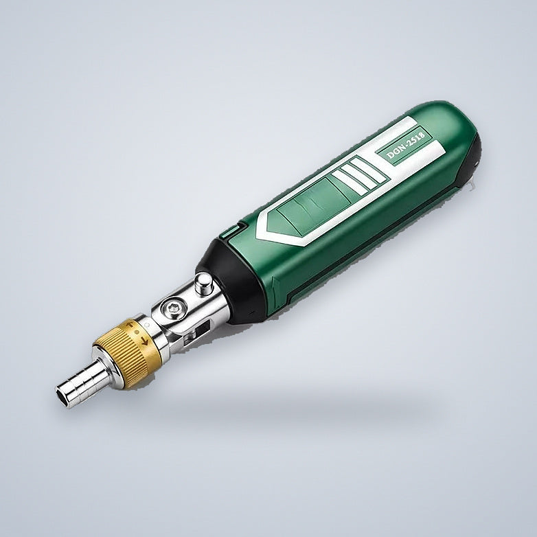 Pivot-head ratchet screwdriver with a green handle, gold ratchet collar and chrome joint