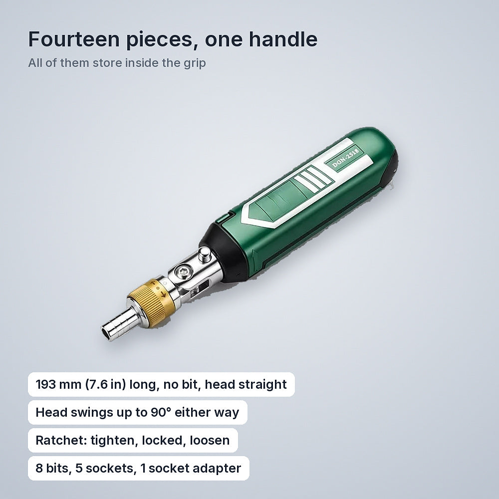 193 mm (7.6 in) long with no bit fitted; the head swings up to 90 degrees either way; ratchet tighten, locked or loosen; 8 bits, 5 sockets and a socket adapter in the handle