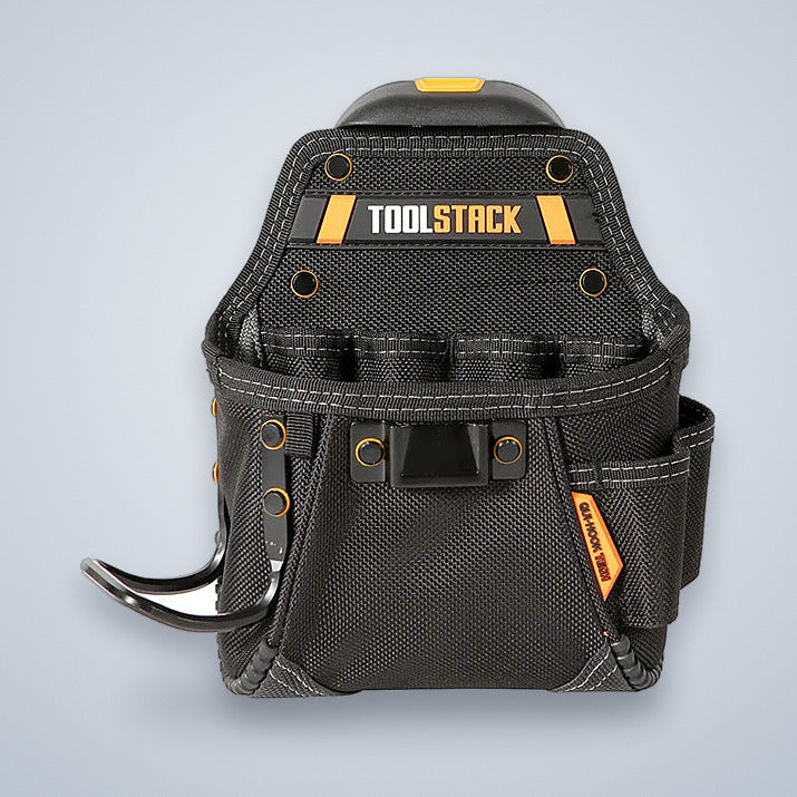 Tool waist pouch, front view with driver sleeves and tape clip