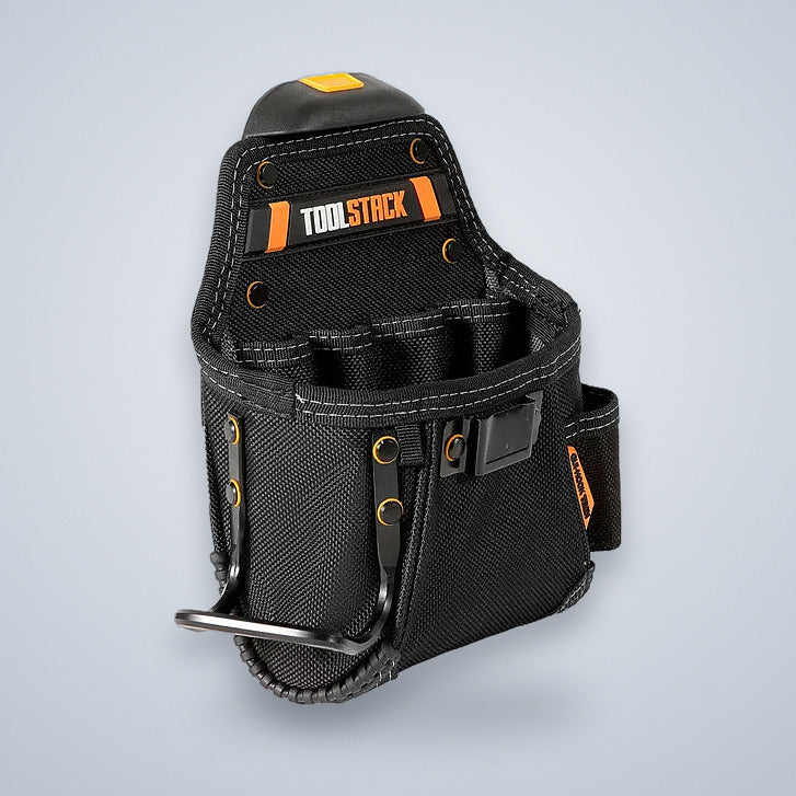 Tool waist pouch, three-quarter view showing the front pockets, hammer hook and tape clip