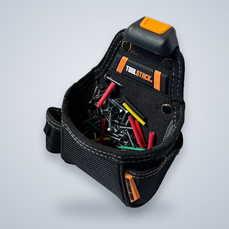 Mini tool pouch open, filled with screws and wall plugs
