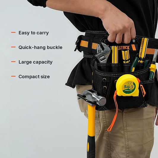 Tool waist pouch worn on the hip, loaded with a wrench, screwdrivers, a hammer and a tape measure