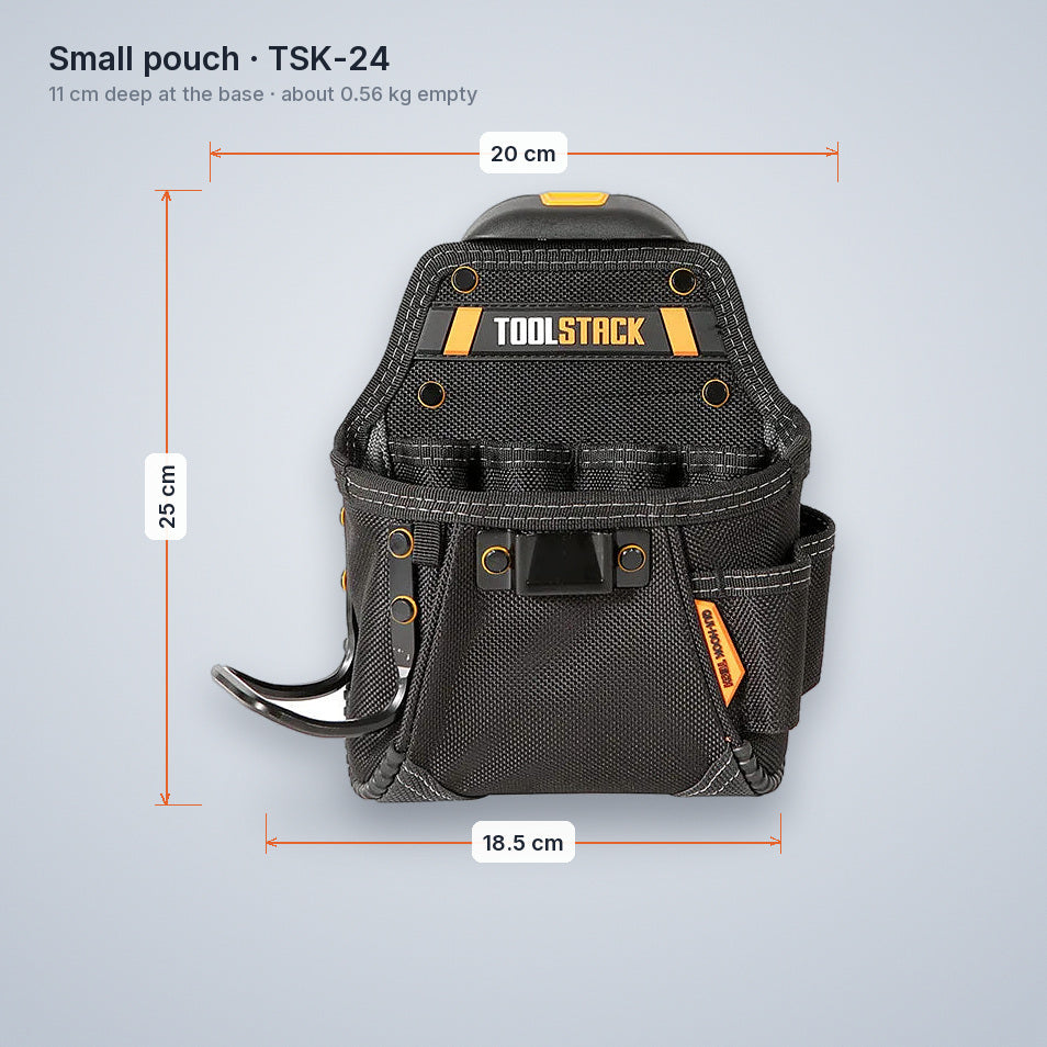 TSK-24 tool pouch with dimensions: 25 cm tall, 20 cm across the mouth, 18.5 cm base