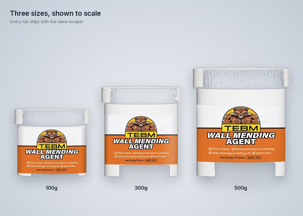 The three tub sizes shown to scale: 100 g, 300 g and 500 g