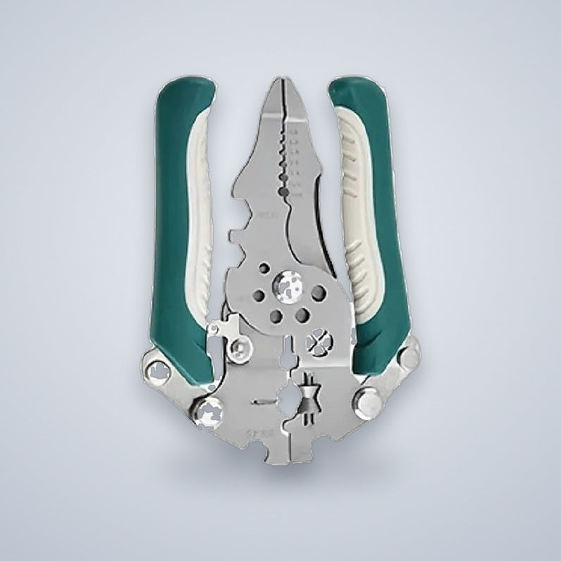 Wire stripper pliers with the handles folded around the jaws