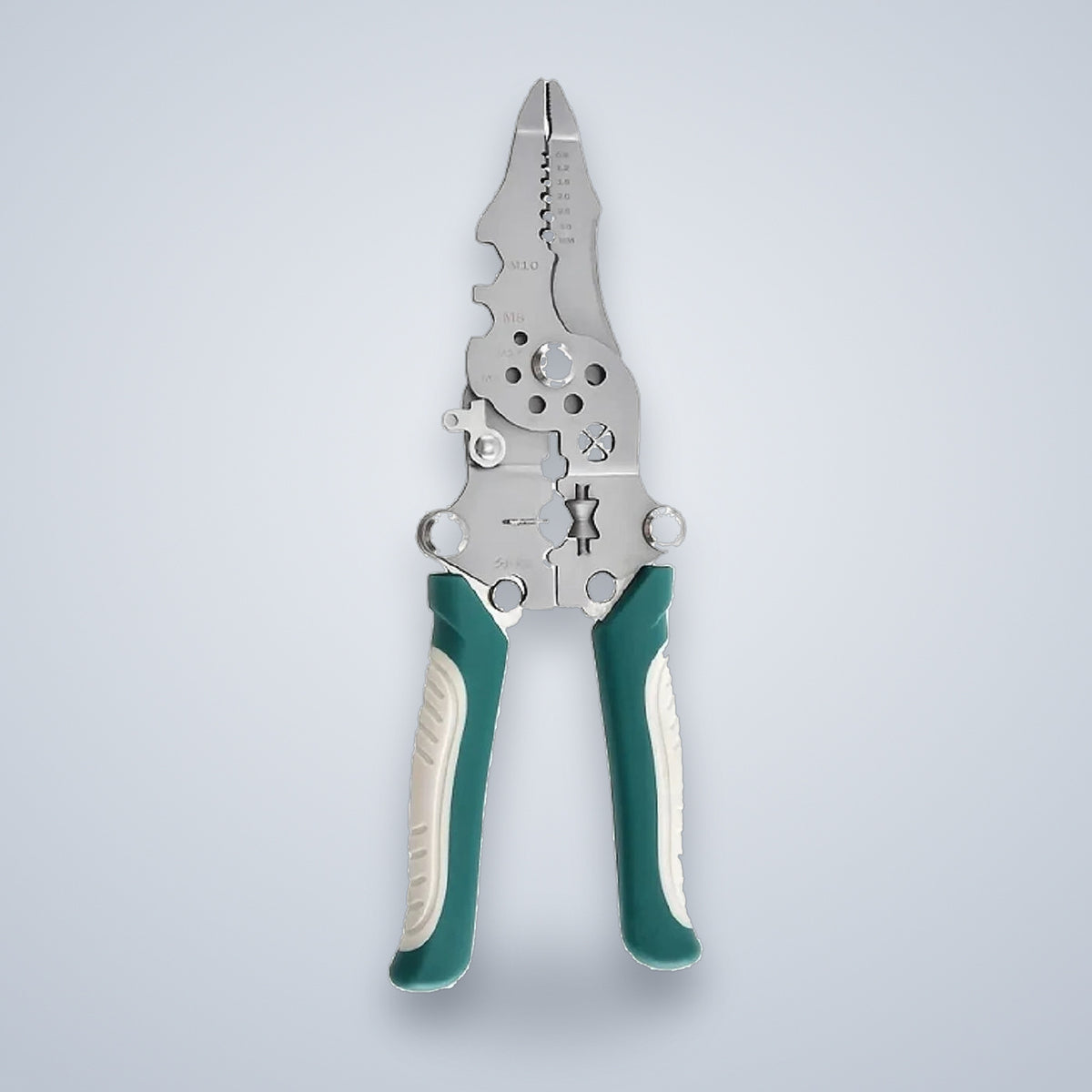 Folding wire stripper pliers open, 22 cm long, with green non-slip handles