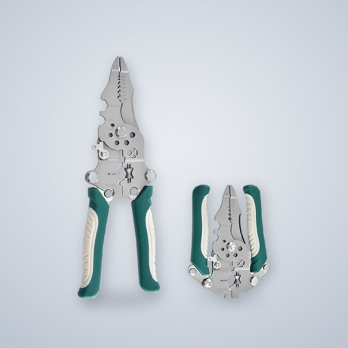 Folding wire stripper pliers shown open and folded