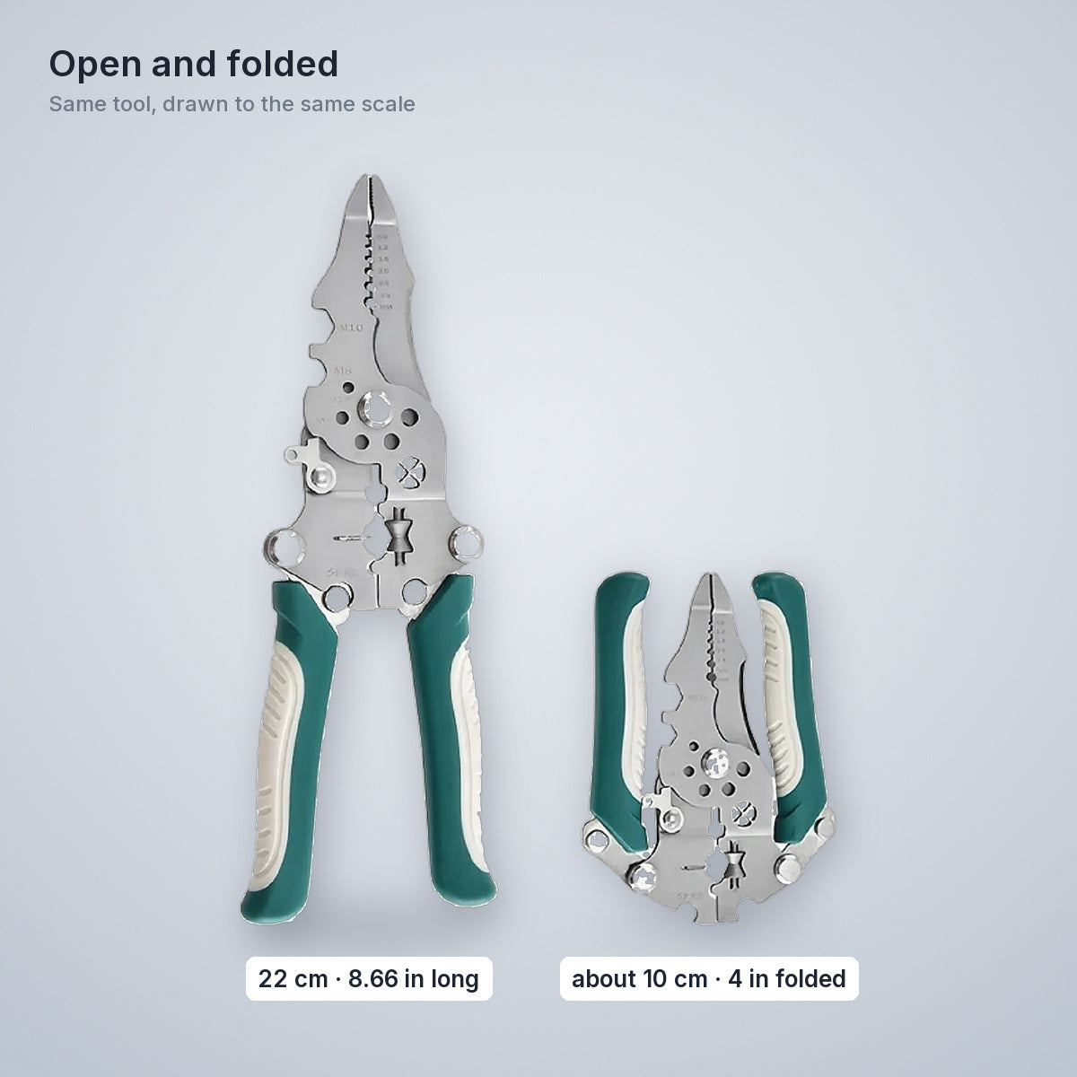 Sizes: 22 cm long open, about 10 cm folded