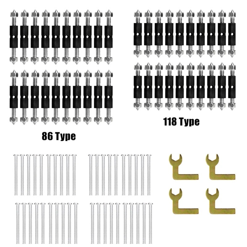 The combo pack: 20 rods of each size, 40 screws and 4 spanners