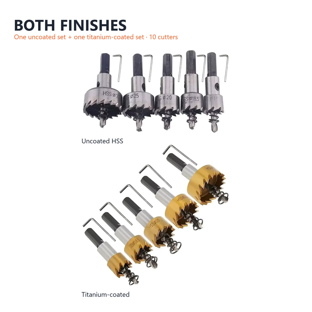 Both sets together: five uncoated HSS cutters and five titanium-coated cutters, ten in all