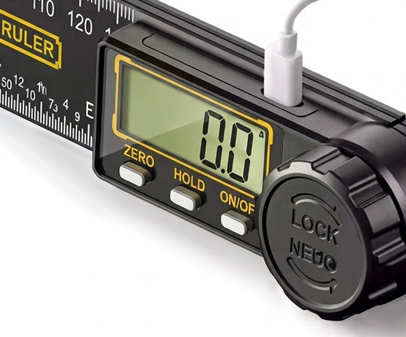 Close-up of the measuring head: the display reading 0.0 degrees, the ZERO, HOLD and ON/OFF buttons, the locking knob and the charging cable plugged into the top edge
