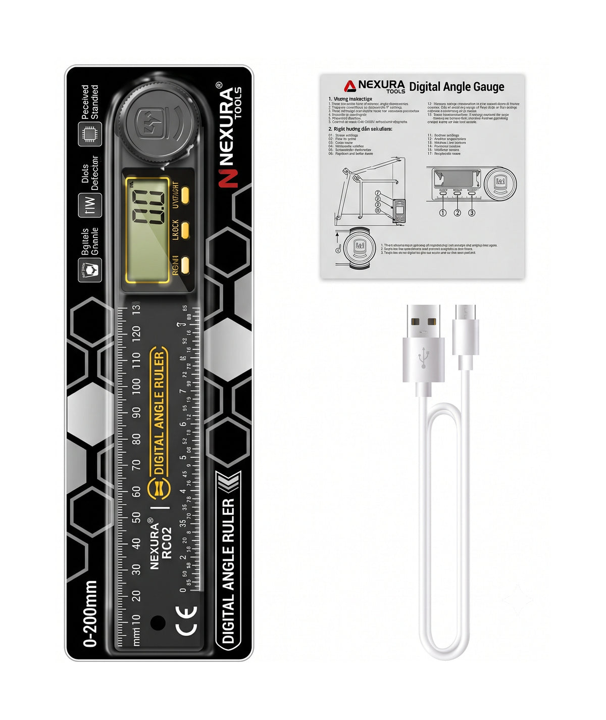 The digital angle ruler folded shut on a white background, with its manual and charging cable