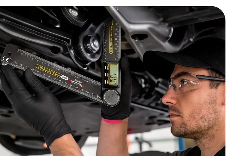 Taking an angle under a car, with the ruler held against a suspension arm