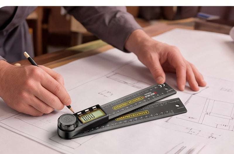 Setting an angle on a drawing, with the ruler laid on a technical plan