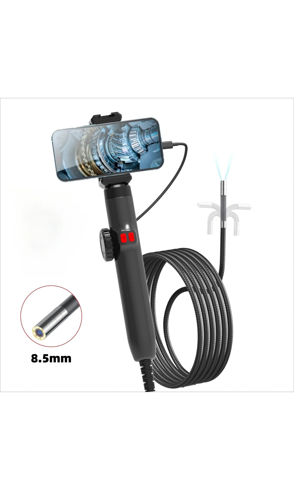 The 8.5 mm borescope: a phone clamped to the handle, the 1 m probe coiled beside it and the head bent into a hook