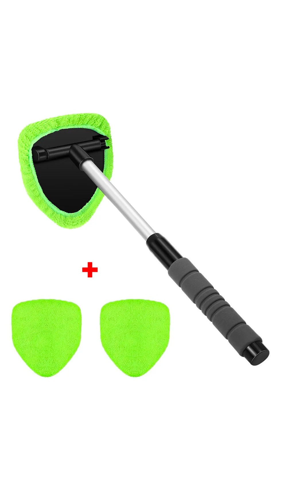 The green set on white: the cleaner with a microfiber pad fitted, plus two spare pads
