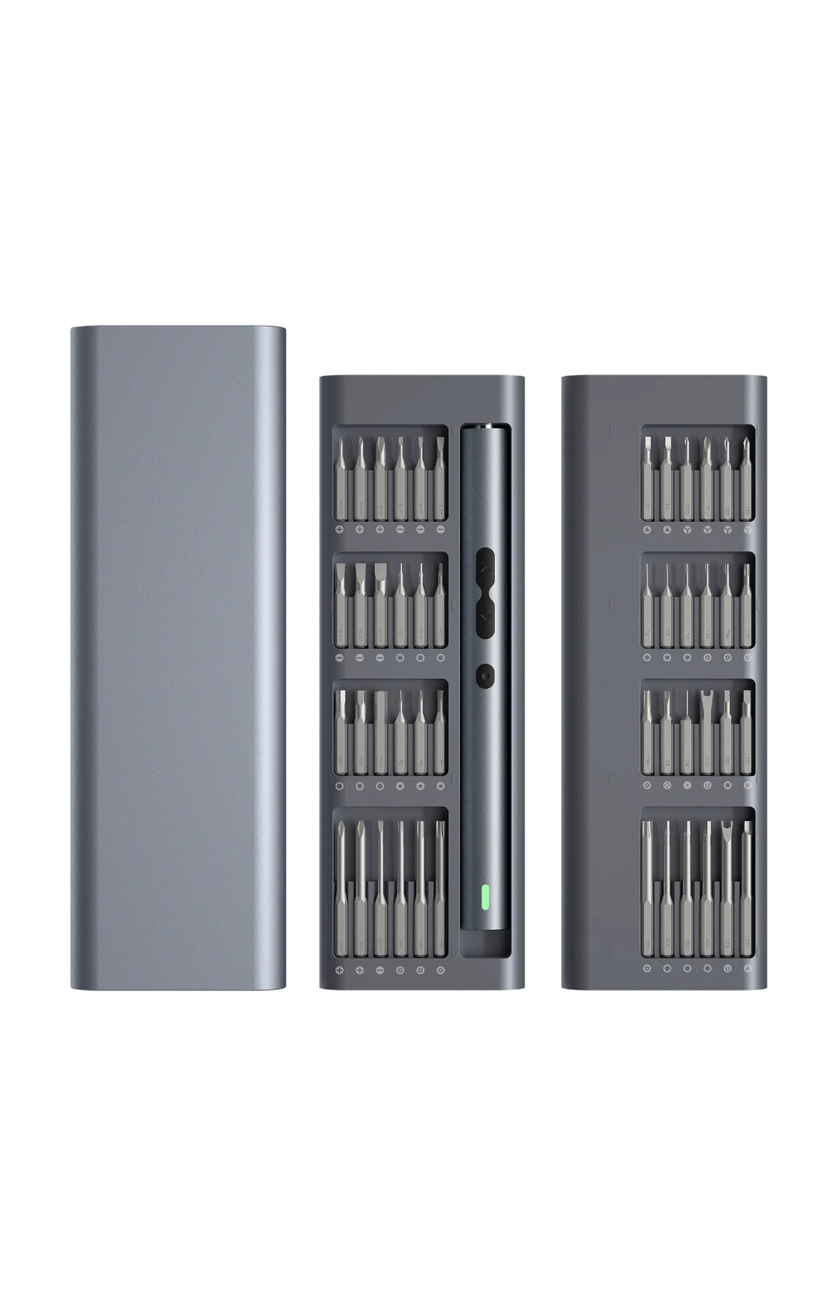 The electric screwdriver in its open aluminum case with two trays of bits