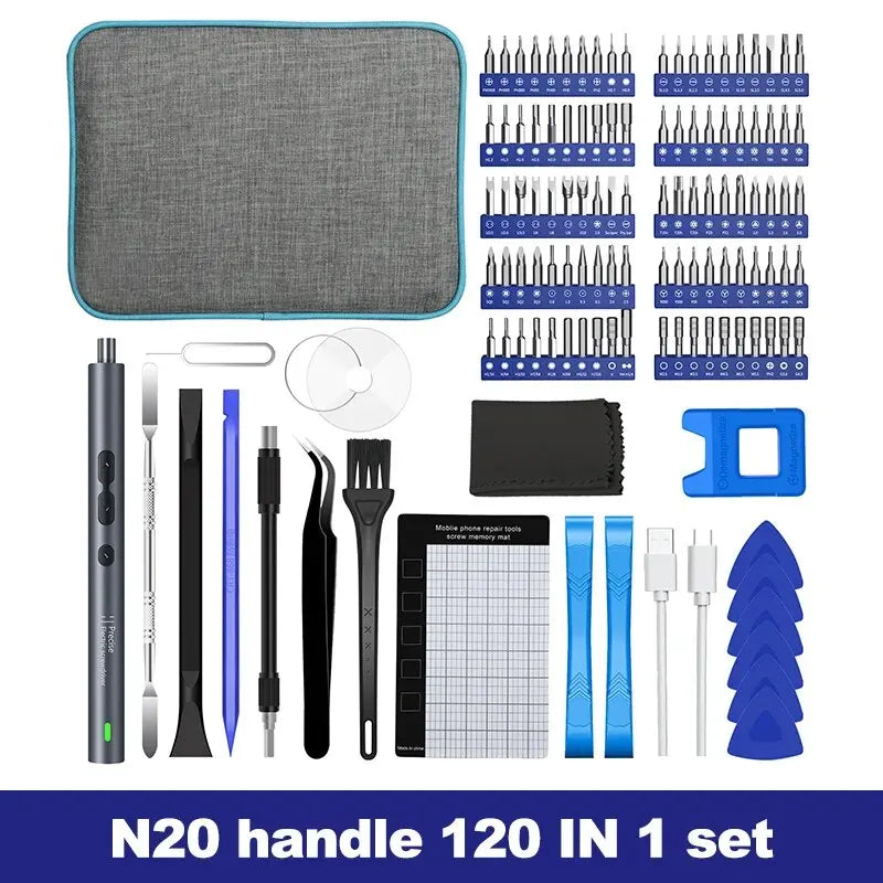 The 100-bit kit laid out: zip pouch, driver, 100 bits, flexible shaft, tweezers, brush, pry tools, picks, mat and cable