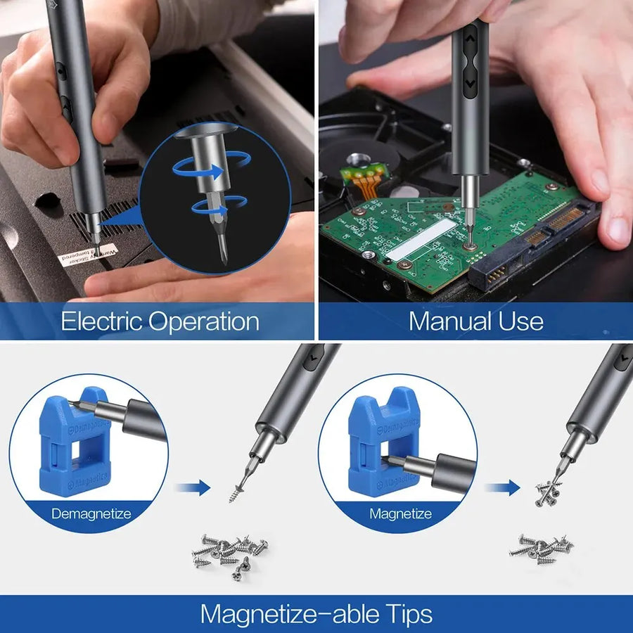 Driving a laptop screw under power, turning a hard-drive screw by hand, and magnetizing a bit in the magnetizer block