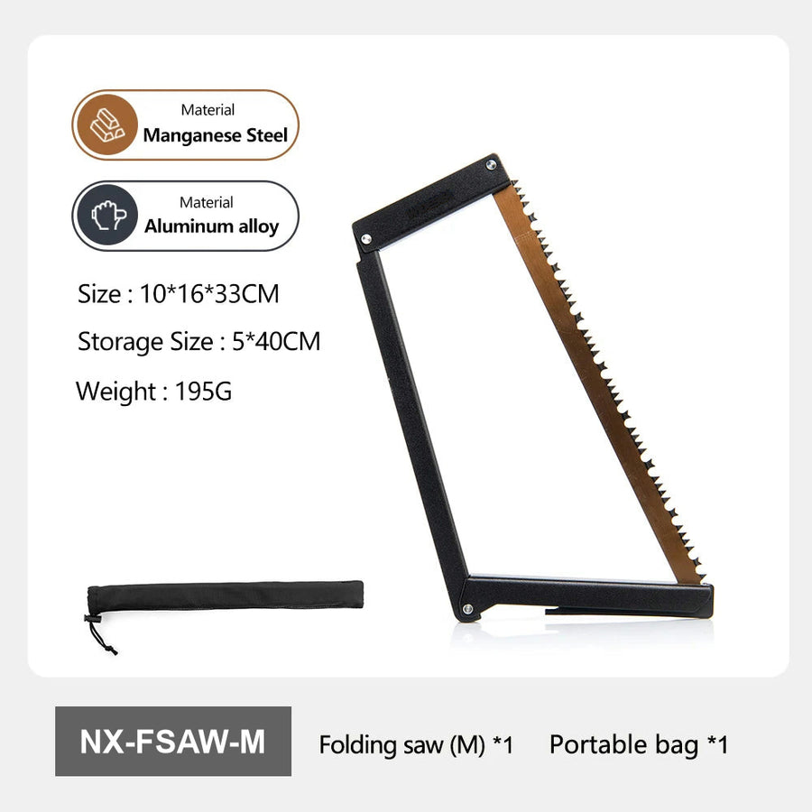 The folding bow saw standing open next to its storage pouch
