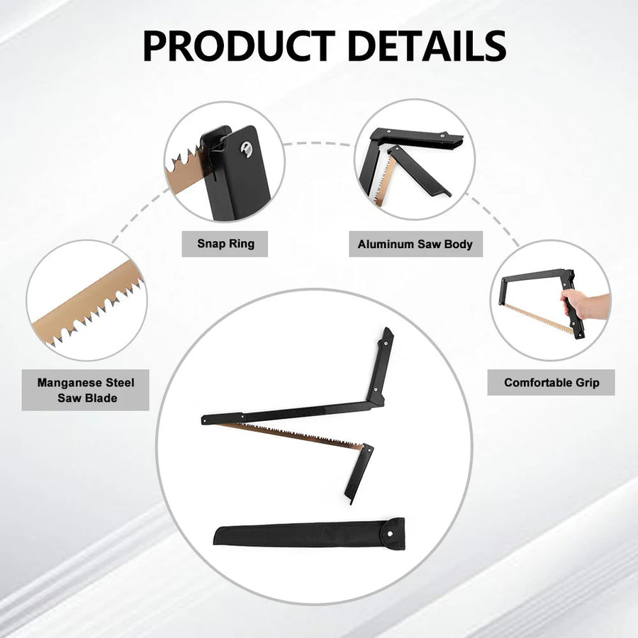 The saw's parts: snap ring, aluminum frame, manganese steel blade and handle, with the saw half folded above its pouch