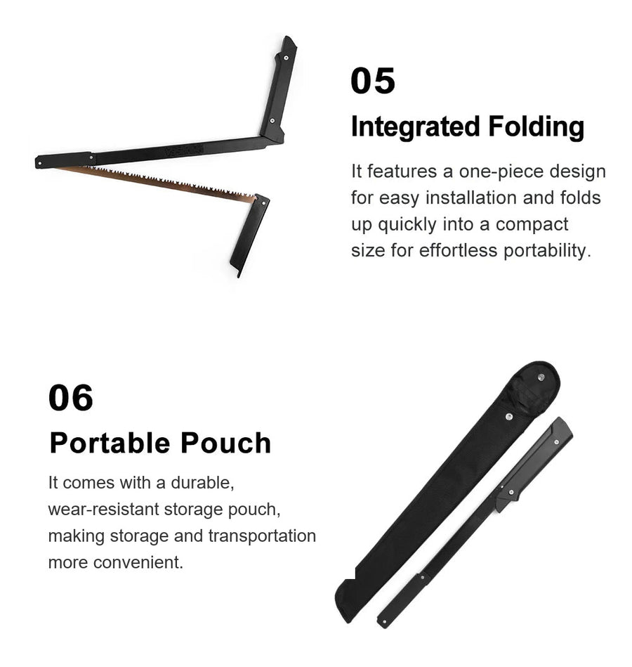 The saw folding in one piece, and the folded saw sliding into its pouch
