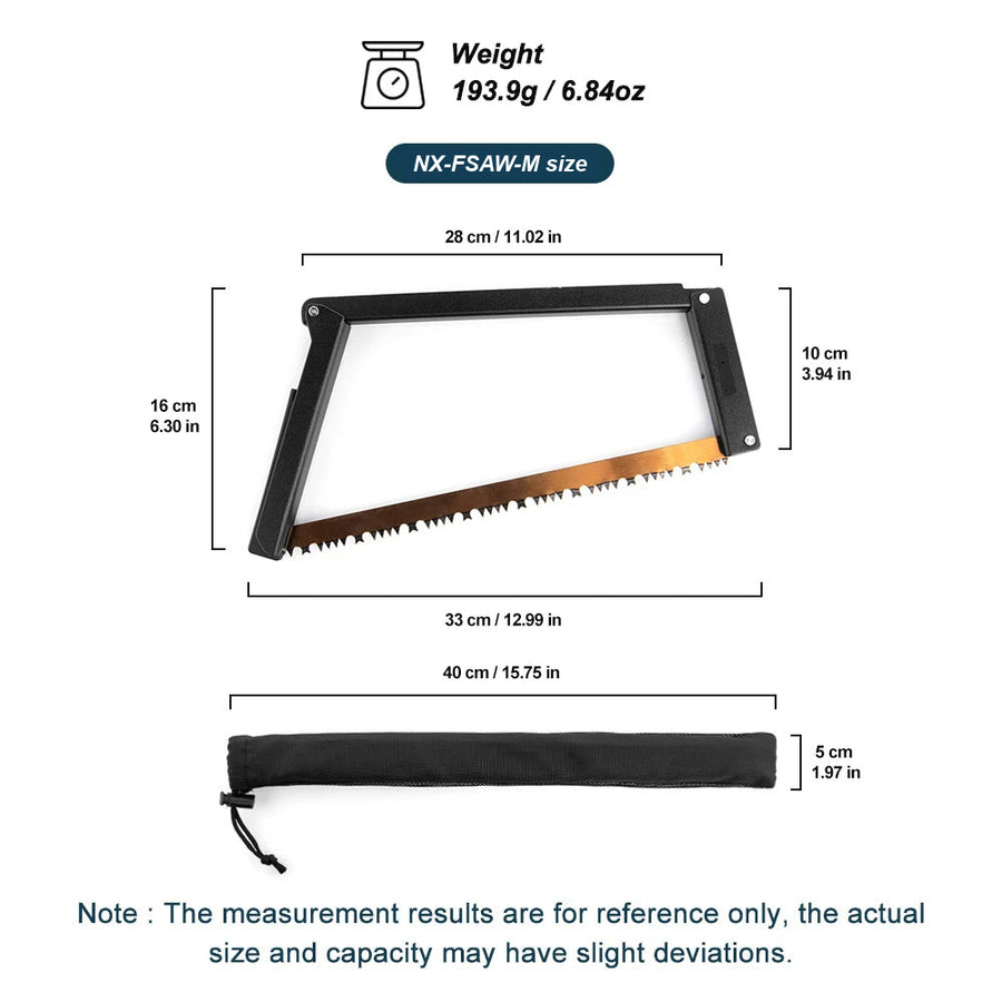 Dimensions of the saw: 33 cm across, 16 cm tall, 193.9 g, with a 40 cm pouch