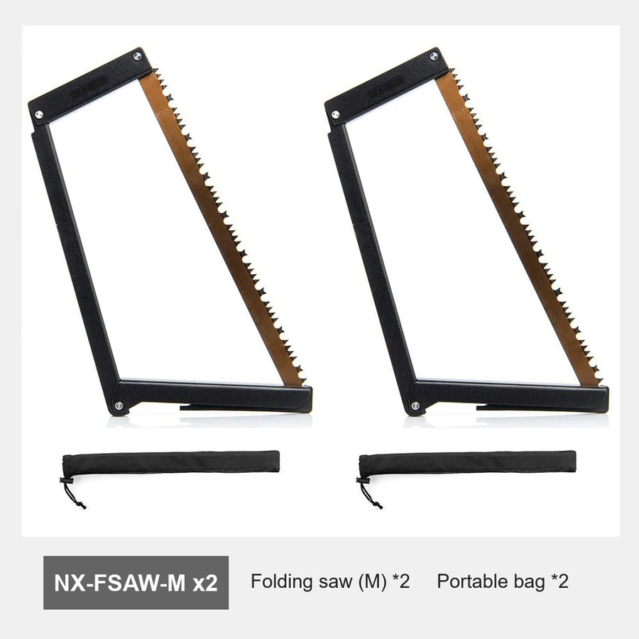 Two folding bow saws standing open, each with its storage pouch