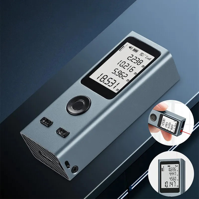 The rangefinder on a dark surface with its display lit, and two close-ups of it in a hand