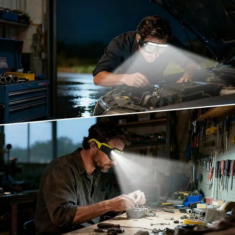 Two night scenes: working over an engine bay and at a workbench, both hands free