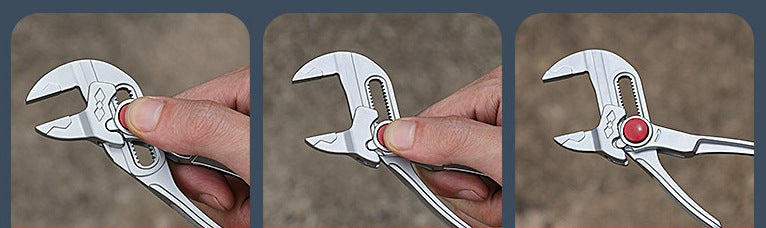 Three photos of the adjustment: thumb on the button, the jaw slid wide open, and the jaw staying wide after the button is released