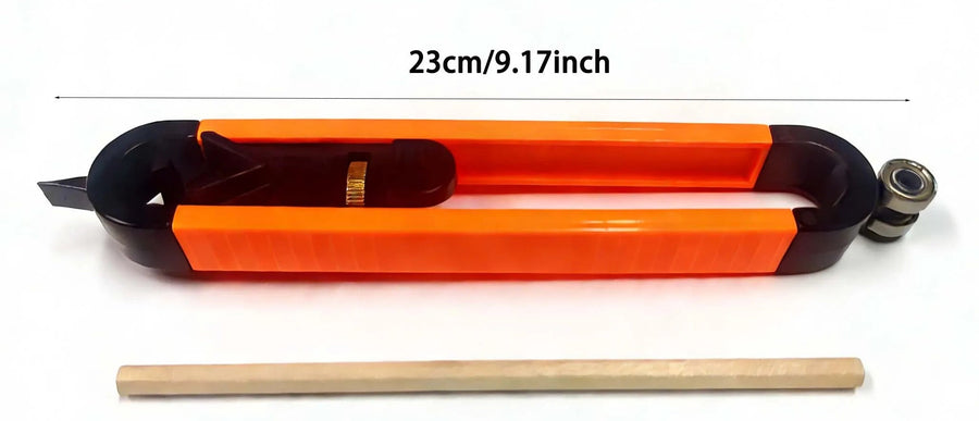 The maker's size graphic: the tool measured end to end at 23 cm, printed as 9.17 inch, with a wooden pencil below it