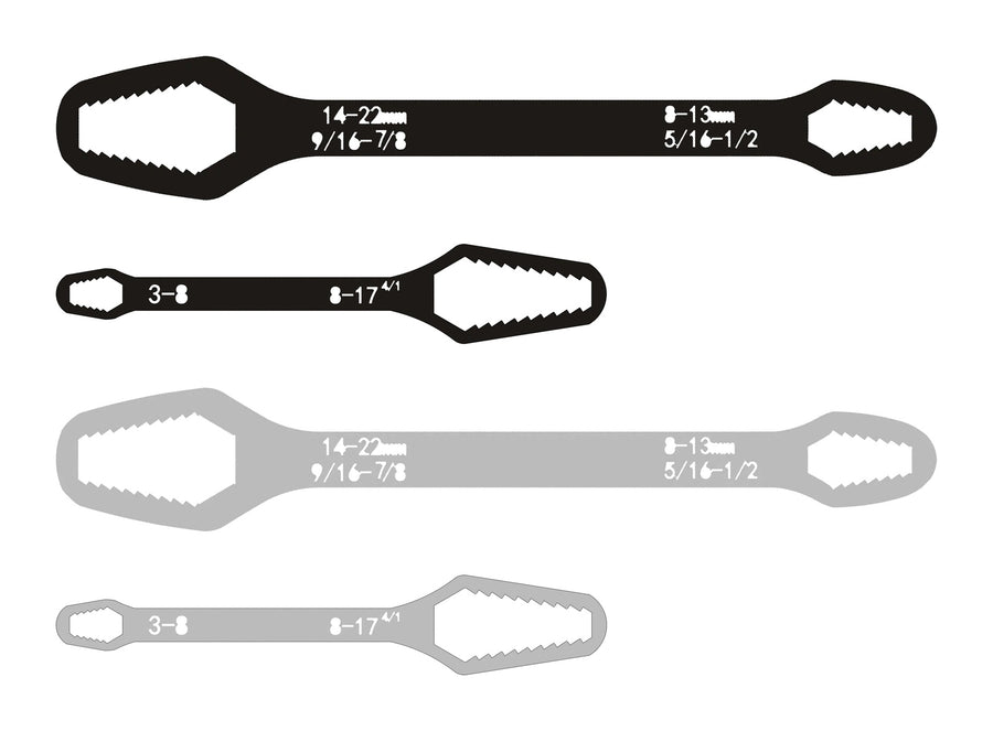 Both colours: all four wrenches, black and silver, shown to scale