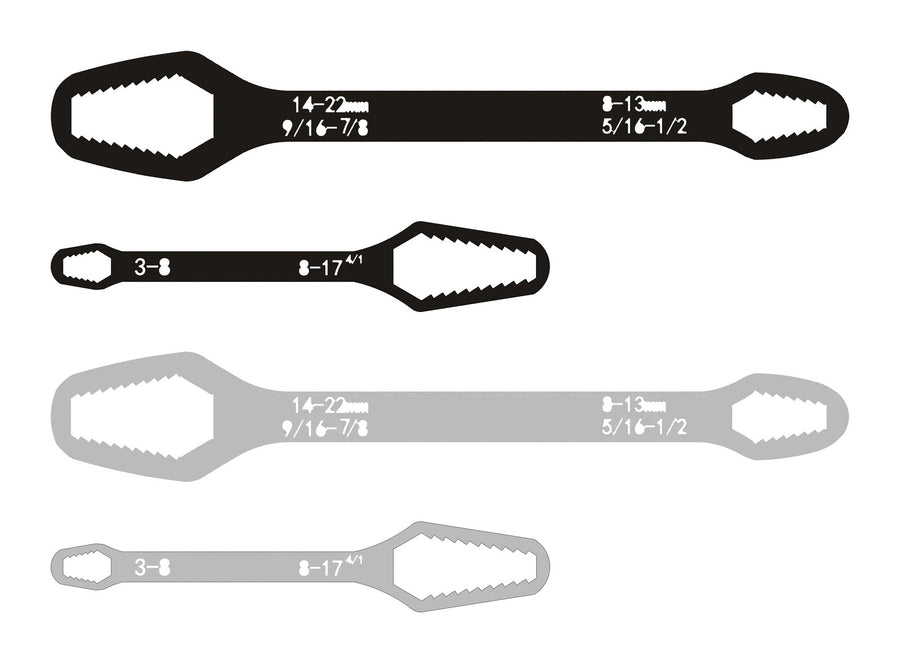 Both colours: all four wrenches, black and silver, shown to scale