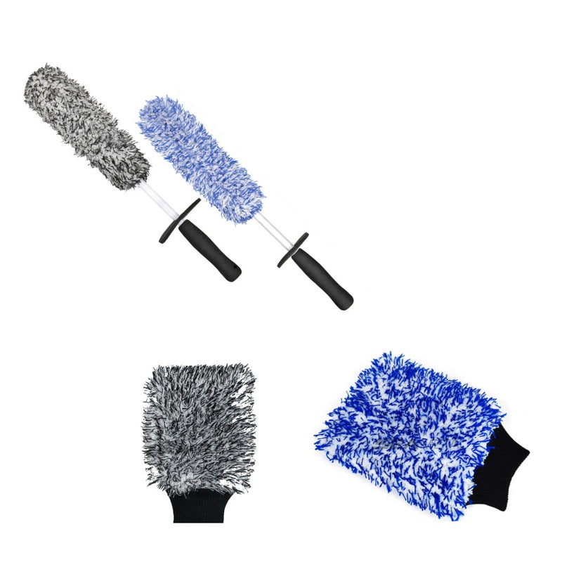 The set of four: a black and a blue wheel brush, and a black and a blue wash mitt