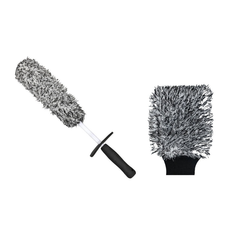 The black set: one black and white wheel brush and one black and white wash mitt