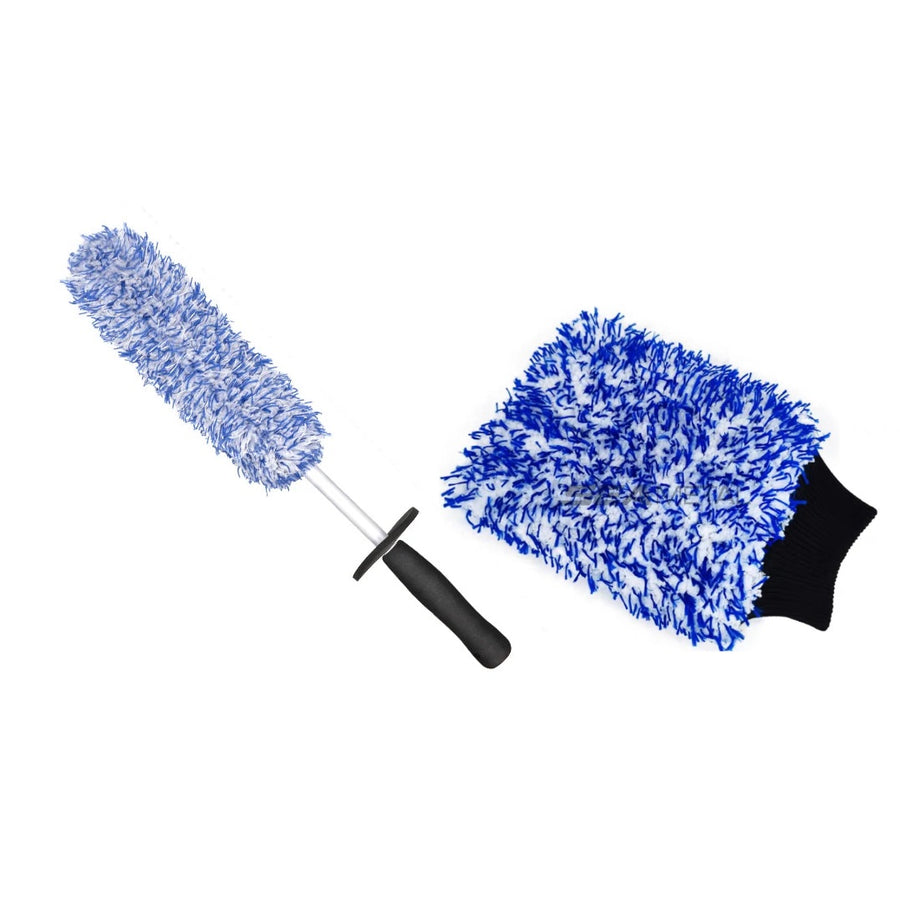 The blue set: one blue and white wheel brush and one blue and white wash mitt