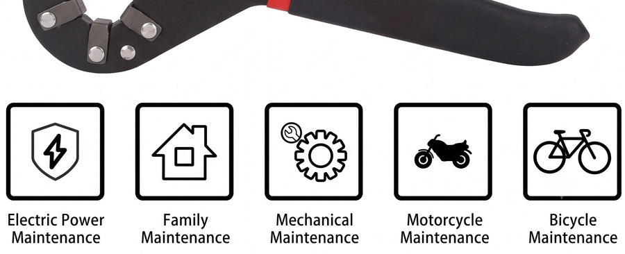 The wrench with the five jobs the maker lists: electrical, household, mechanical, motorcycle and bicycle maintenance