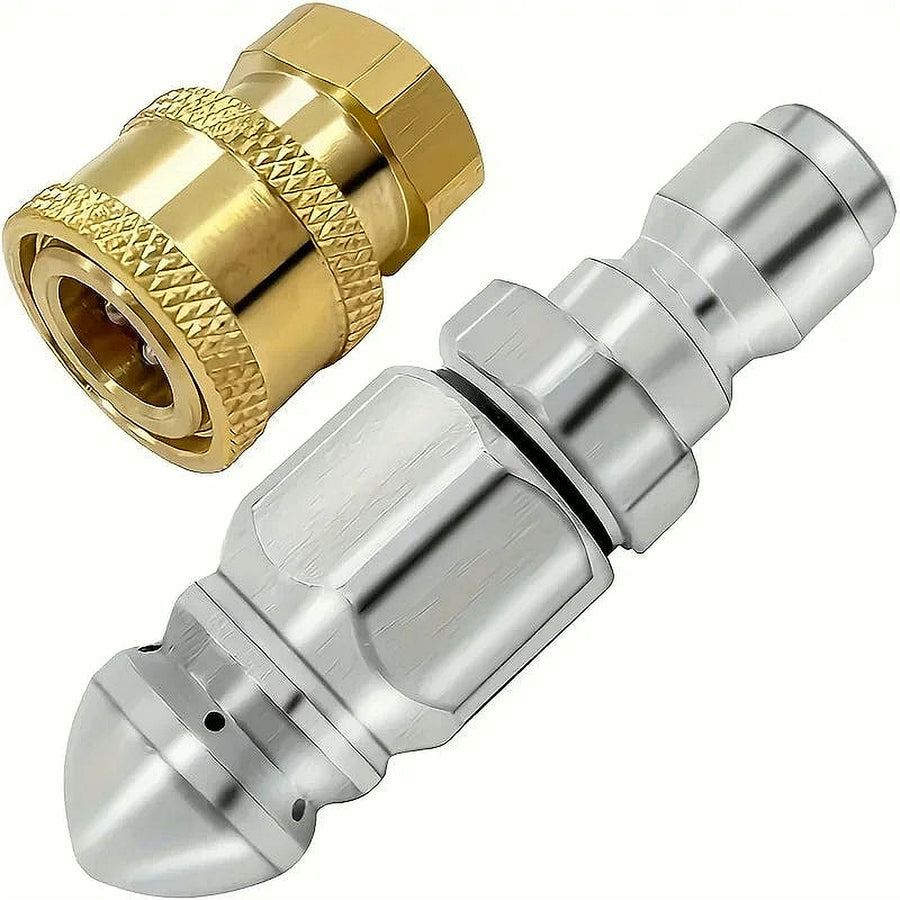 Sewer jetter nozzle with a 1/4-inch quick-connect plug, next to its brass quick coupler