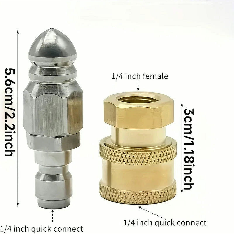 Nozzle about 5.6 cm (2.2 in) long, brass coupler about 3 cm (1.18 in), both 1/4-inch quick connect