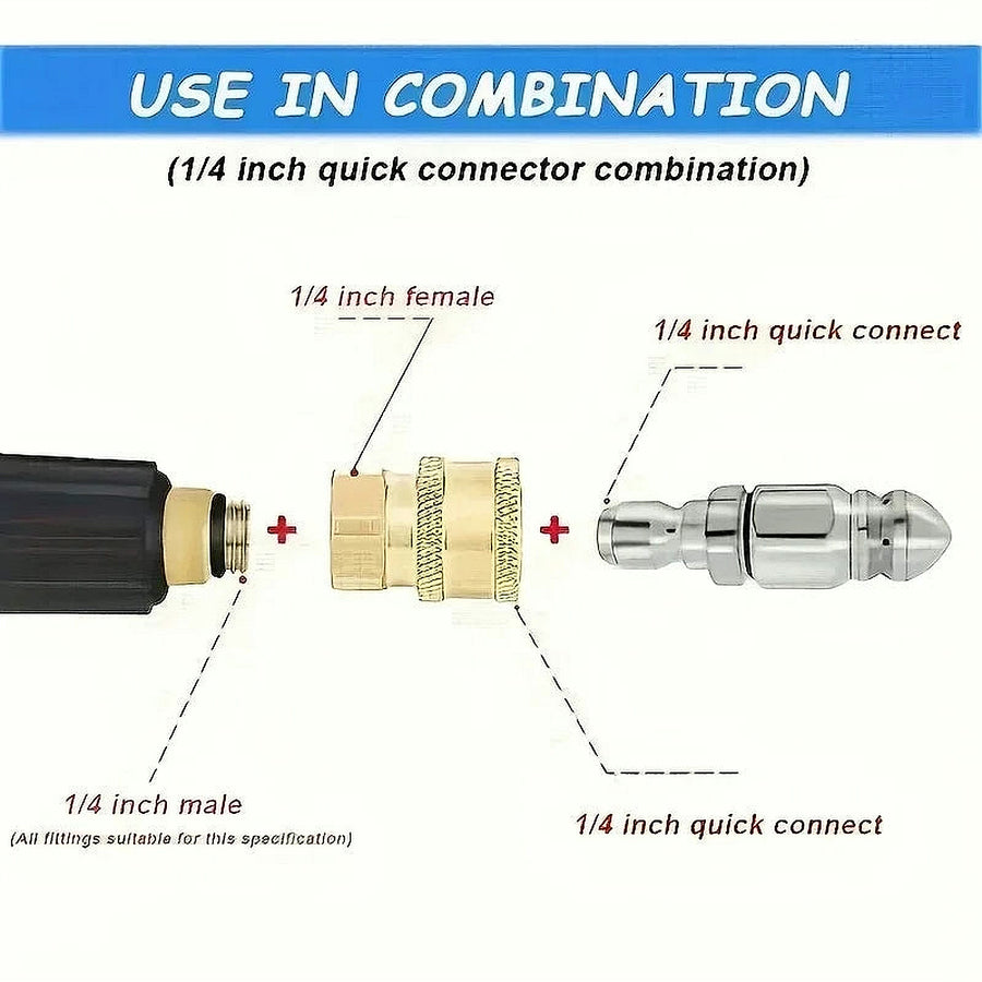 How it connects: threaded 1/4-inch hose end, brass coupler, then the quick-connect nozzle