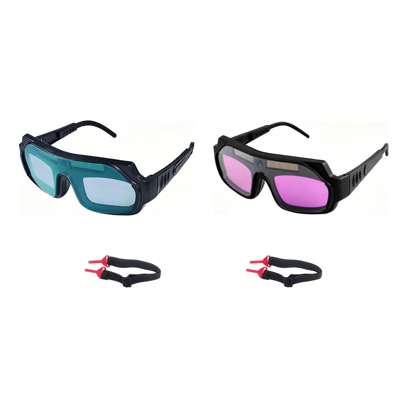 One pair of each lens: the teal one-piece goggles and the violet twin-lens goggles, each with its own headband