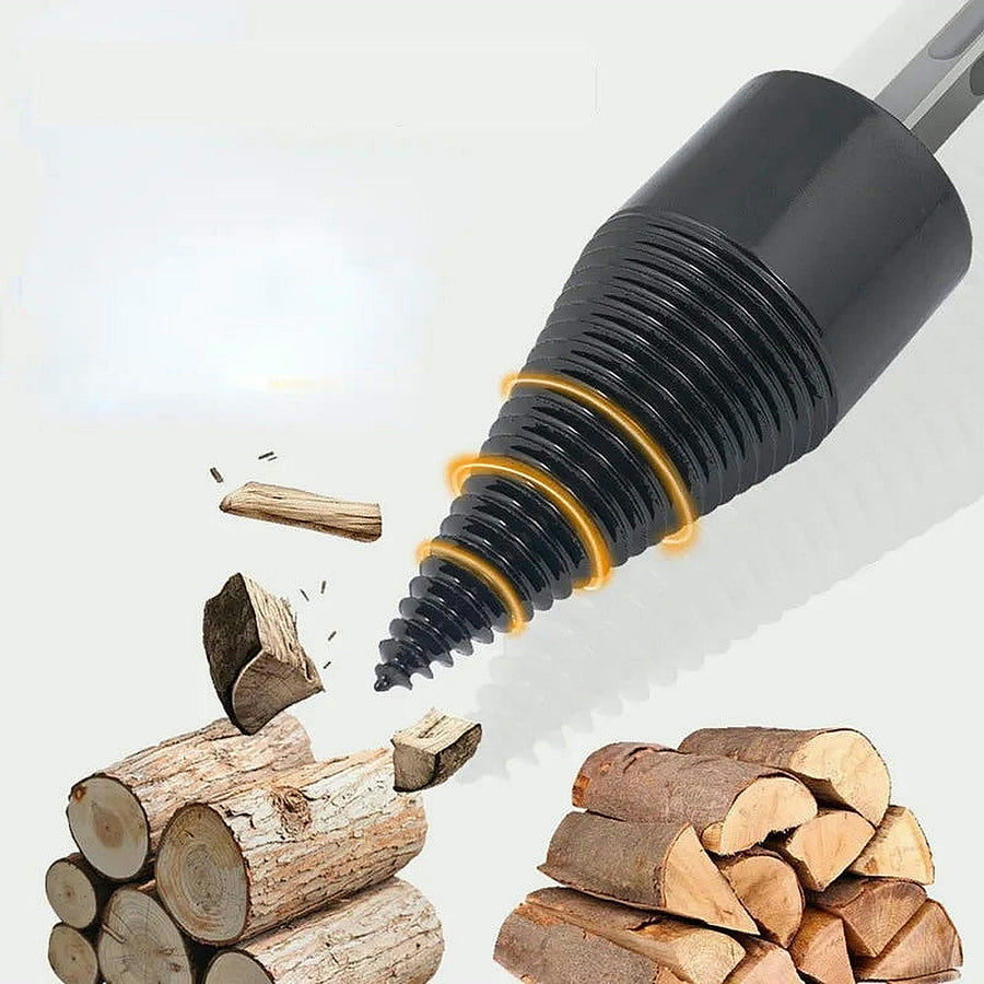 A black screw cone splitting bit driving into a log, with split firewood around it