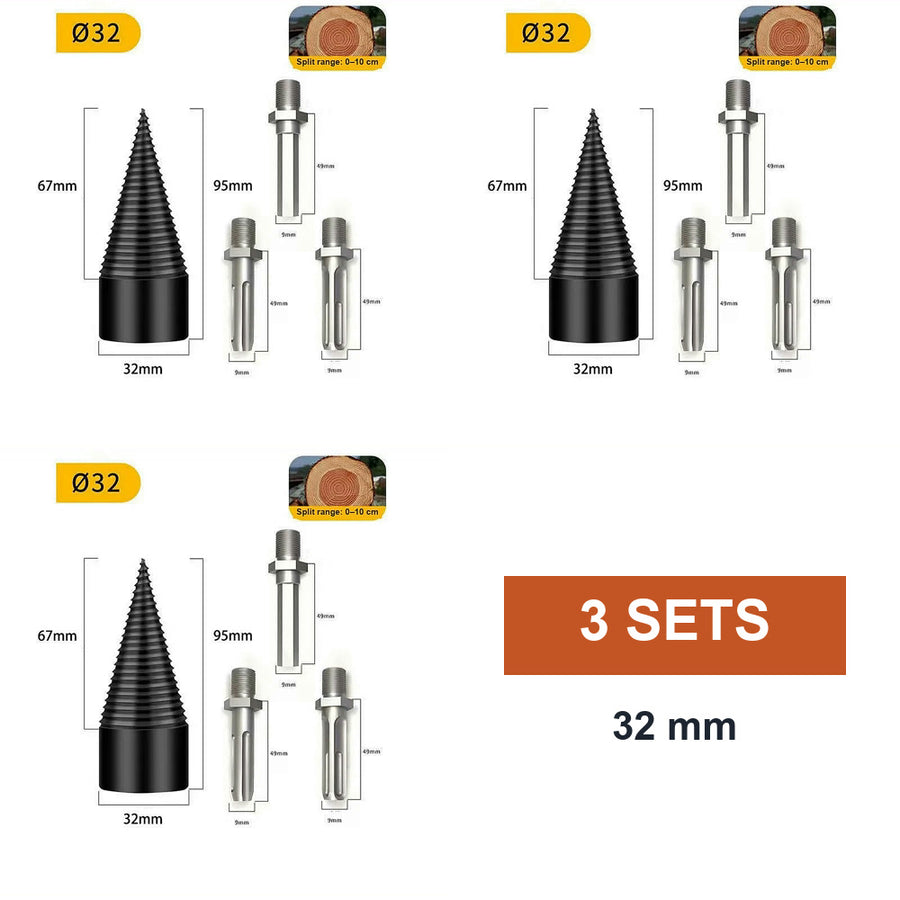 Three 32 mm kits, each a cone with three shanks