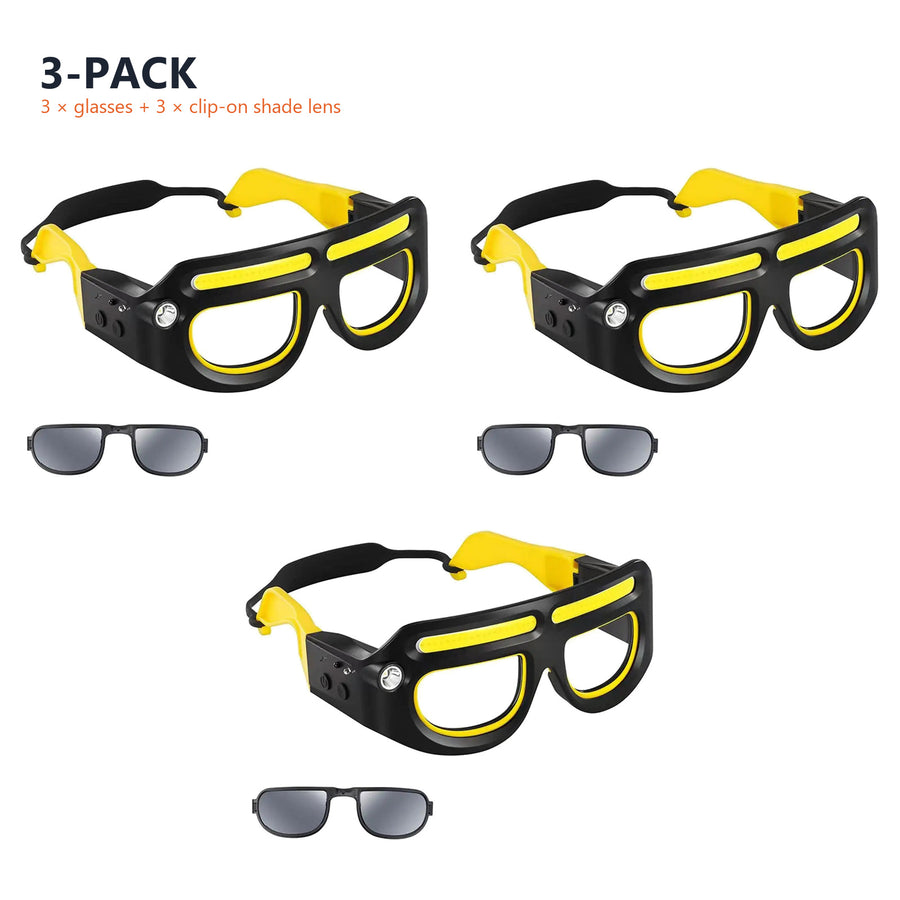 Three pairs of the LED safety glasses, each with its clip-on shade lens